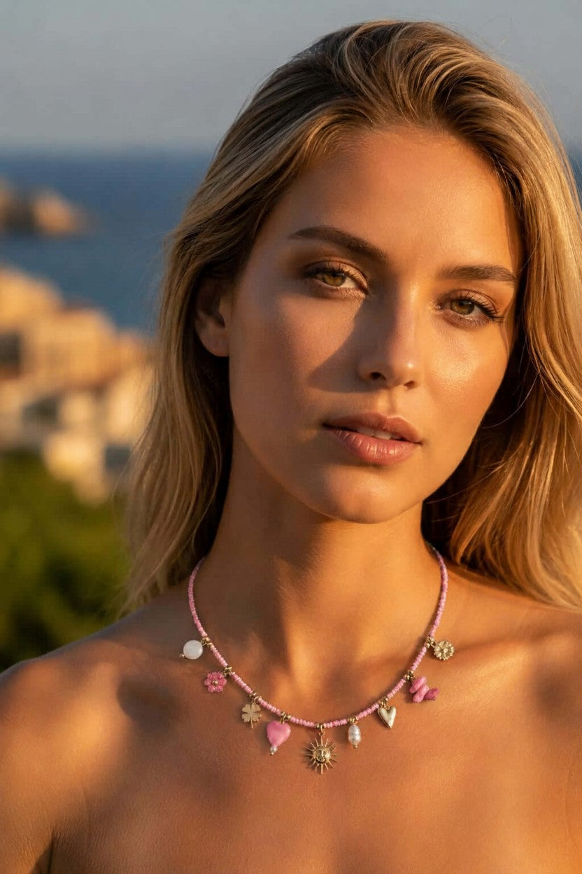 Collana Samba perline rosa e charms in acciaio inossidabile waterproof