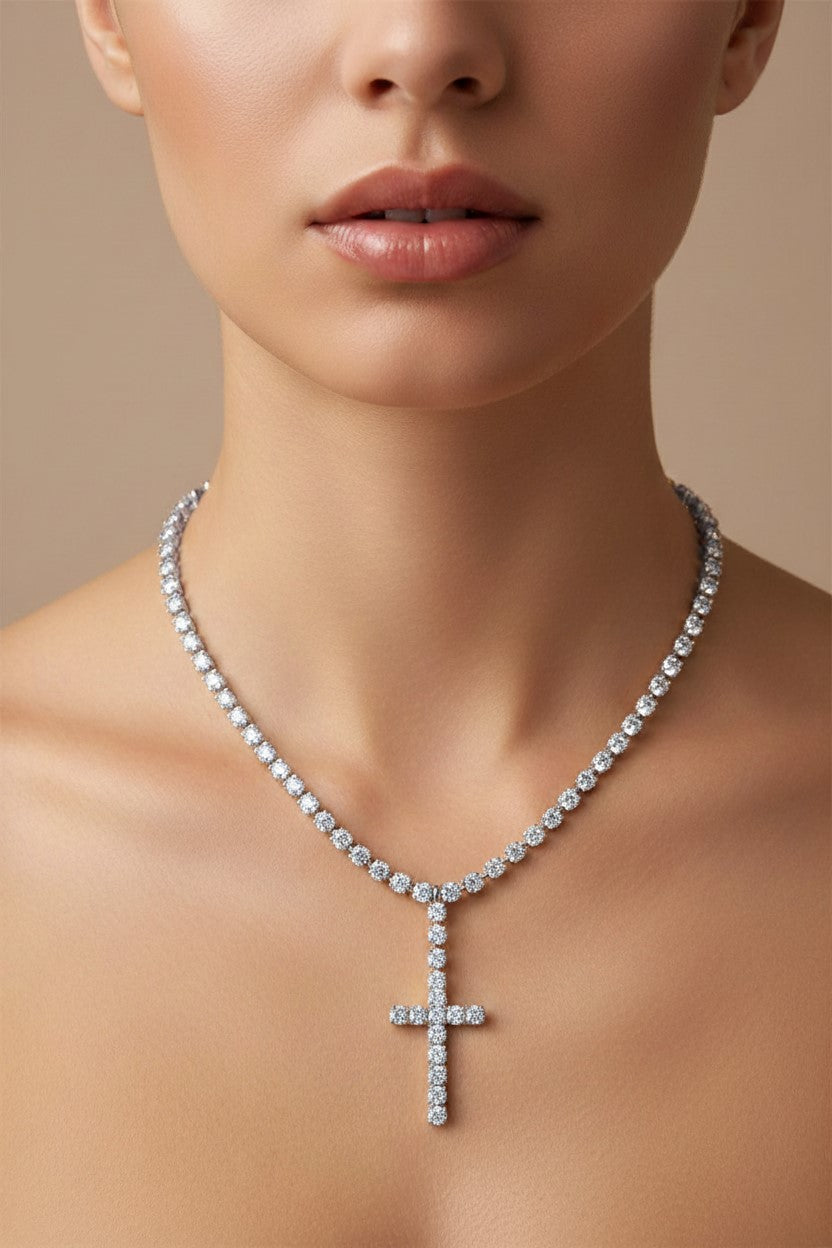 Collana Tennis Croce color Argento zirconi Trasparenti
