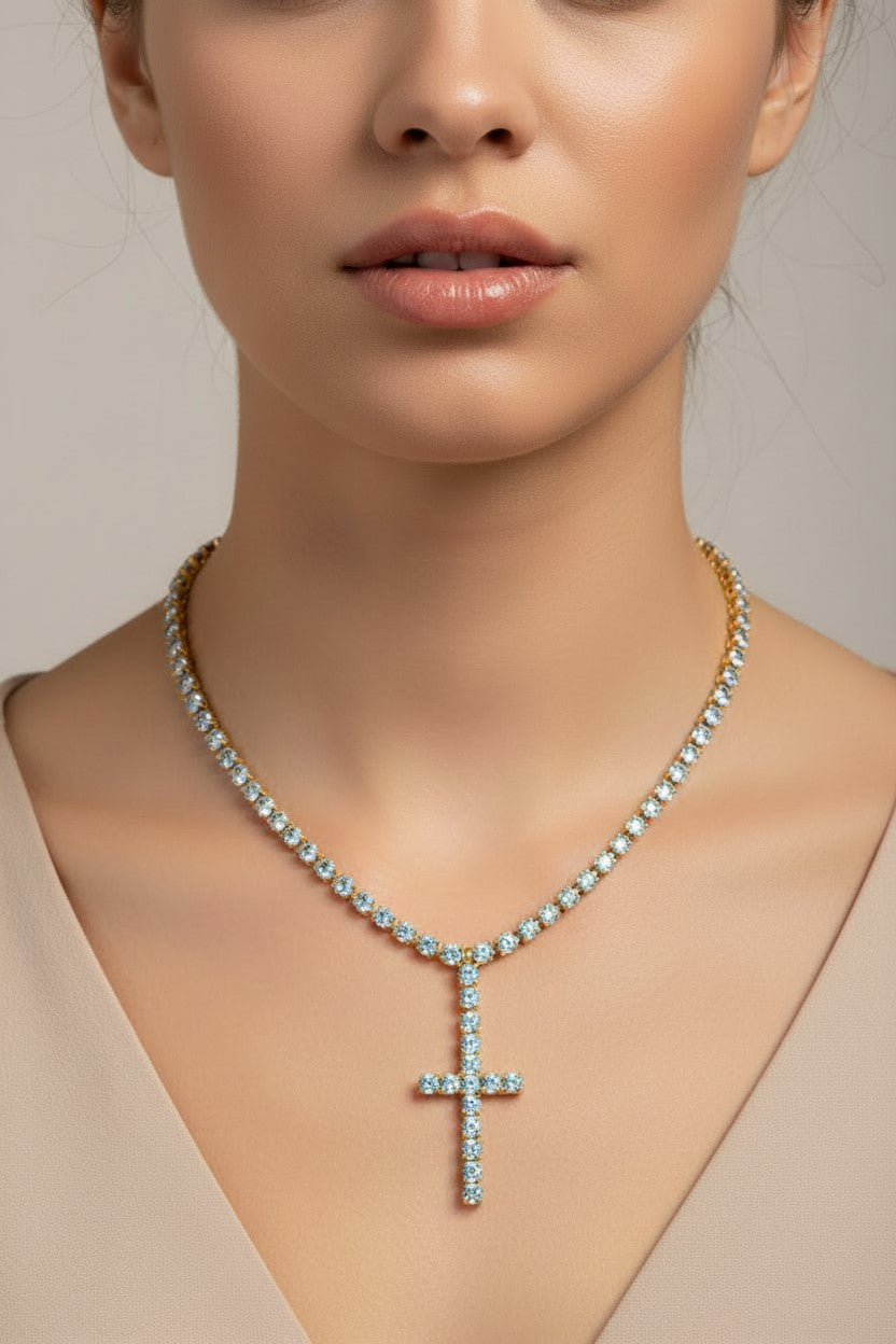 Collana Tennis Croce color Oro zirconi Azzurri