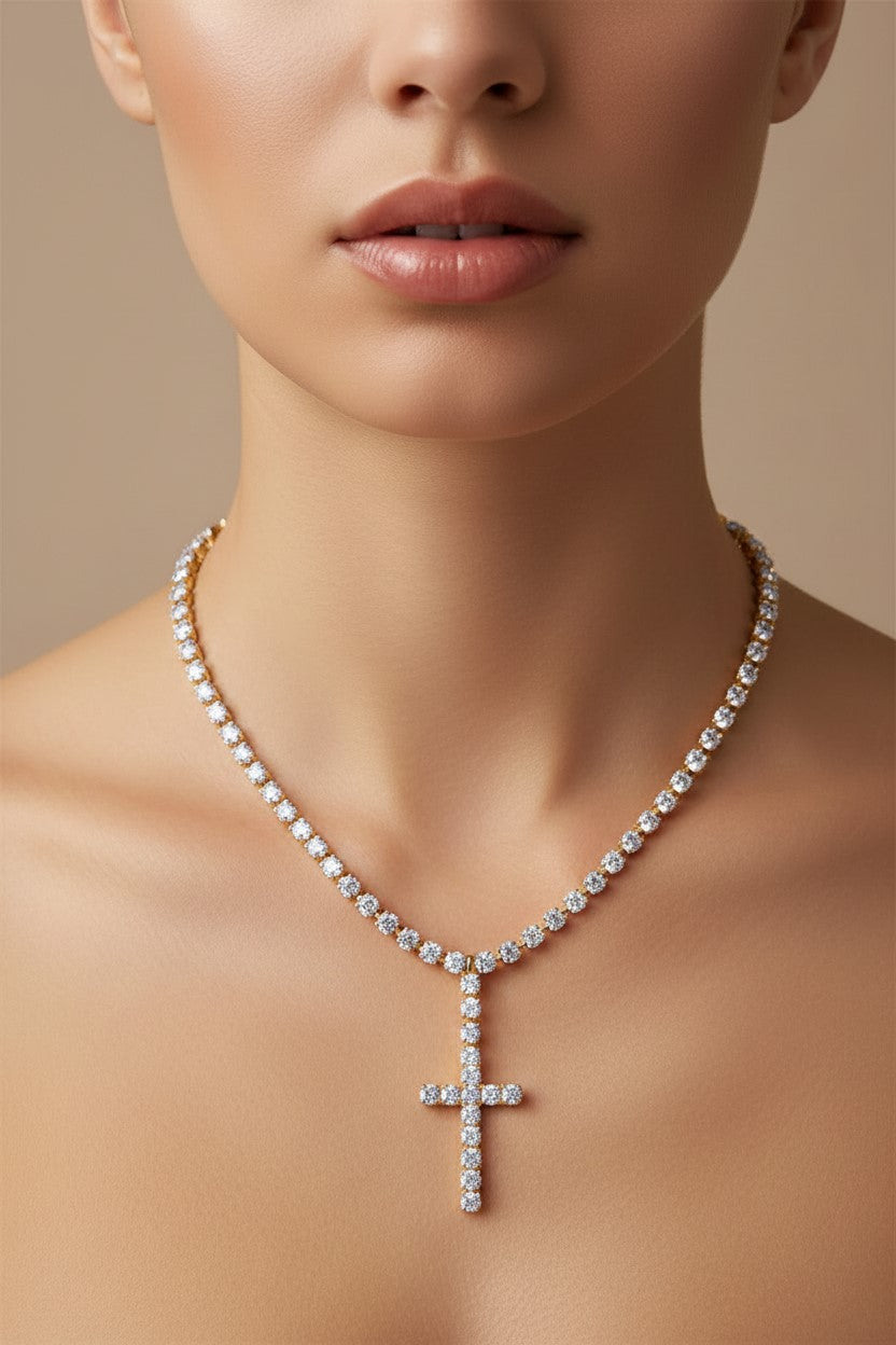 Collana Tennis Croce color Oro zirconi Trasparenti
