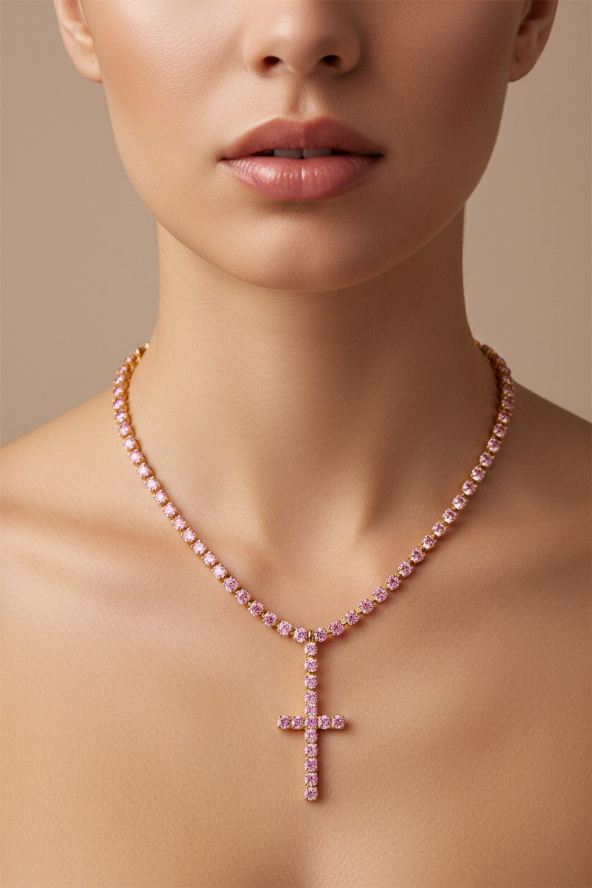 Collana Tennis Croce color Oro zirconi Rosa