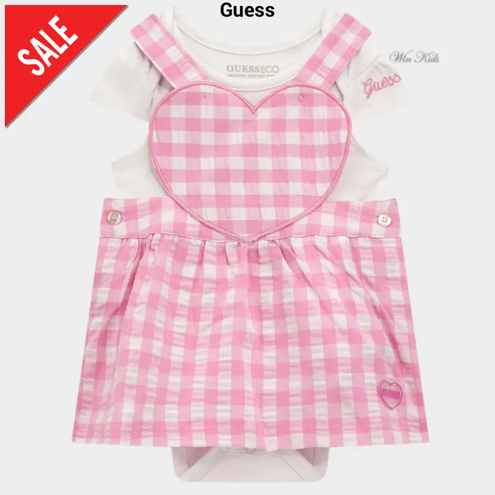 Completo GUESS abito salopette e body rosa e bianco dalla 0-3 mesi alla 12 mesi Completi