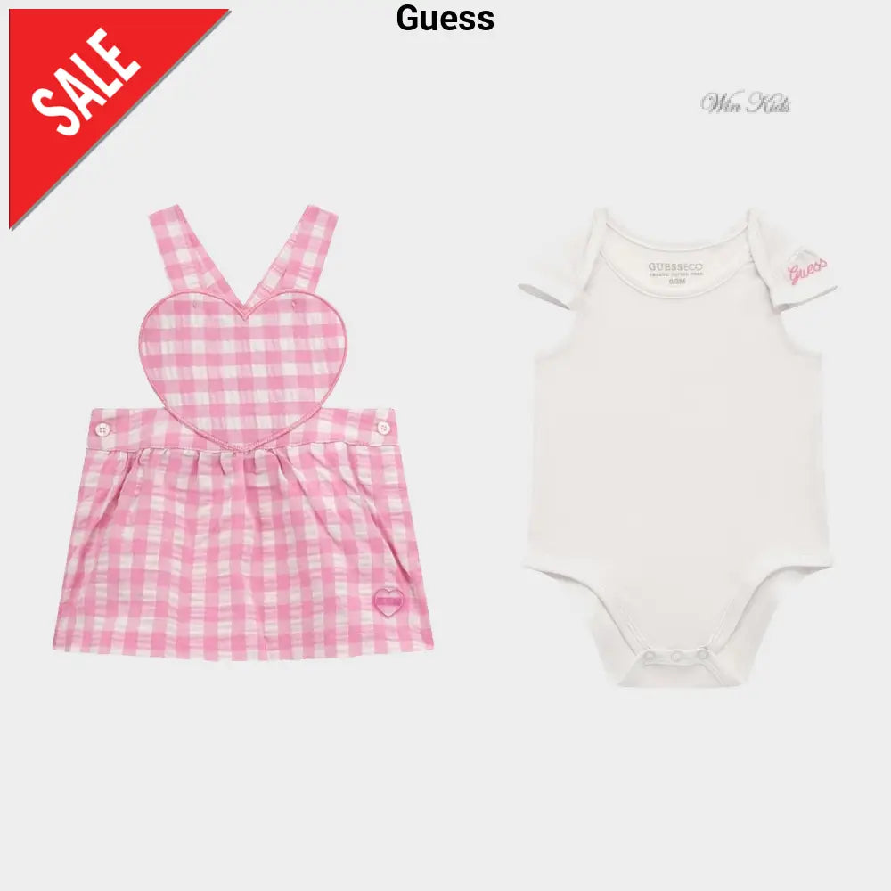 Completo GUESS abito salopette e body rosa e bianco dalla 0-3 mesi alla 12 mesi Completi