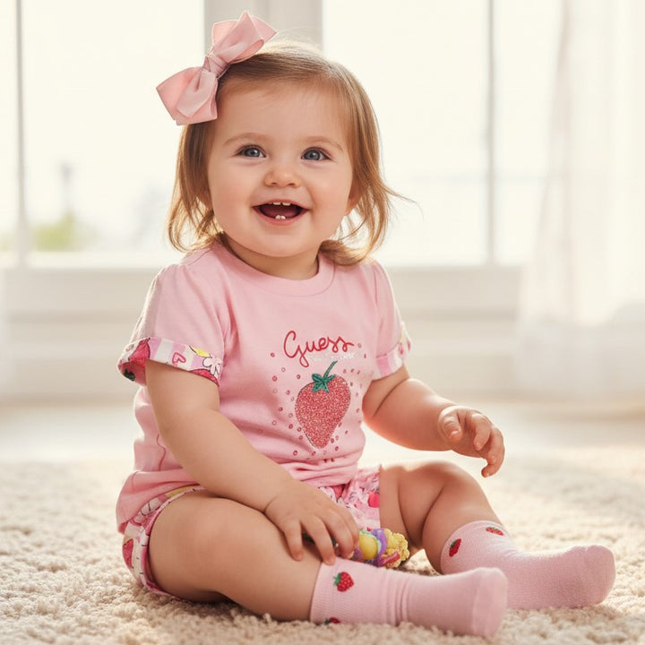 GUESS baby girl outfit with pink strawberry theme t-shirt and shorts 3 months - 24 months