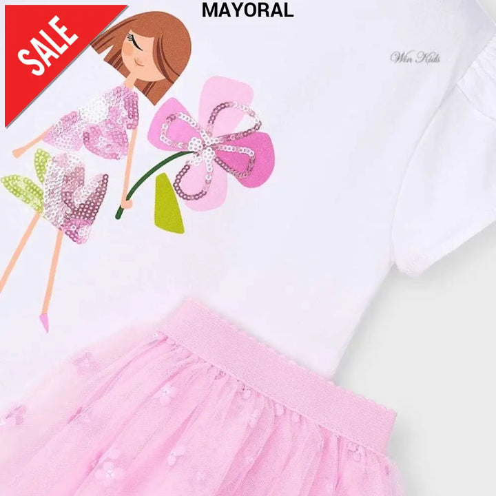 Completo MAYORAL bianco rosa t-shirt e gonna 2 anni - 10 anni Completi