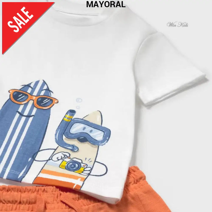 Completo MAYORAL da bambino pantaloncino arancio e maglietta con stampa surf da 6 mesi - 4anni Completi