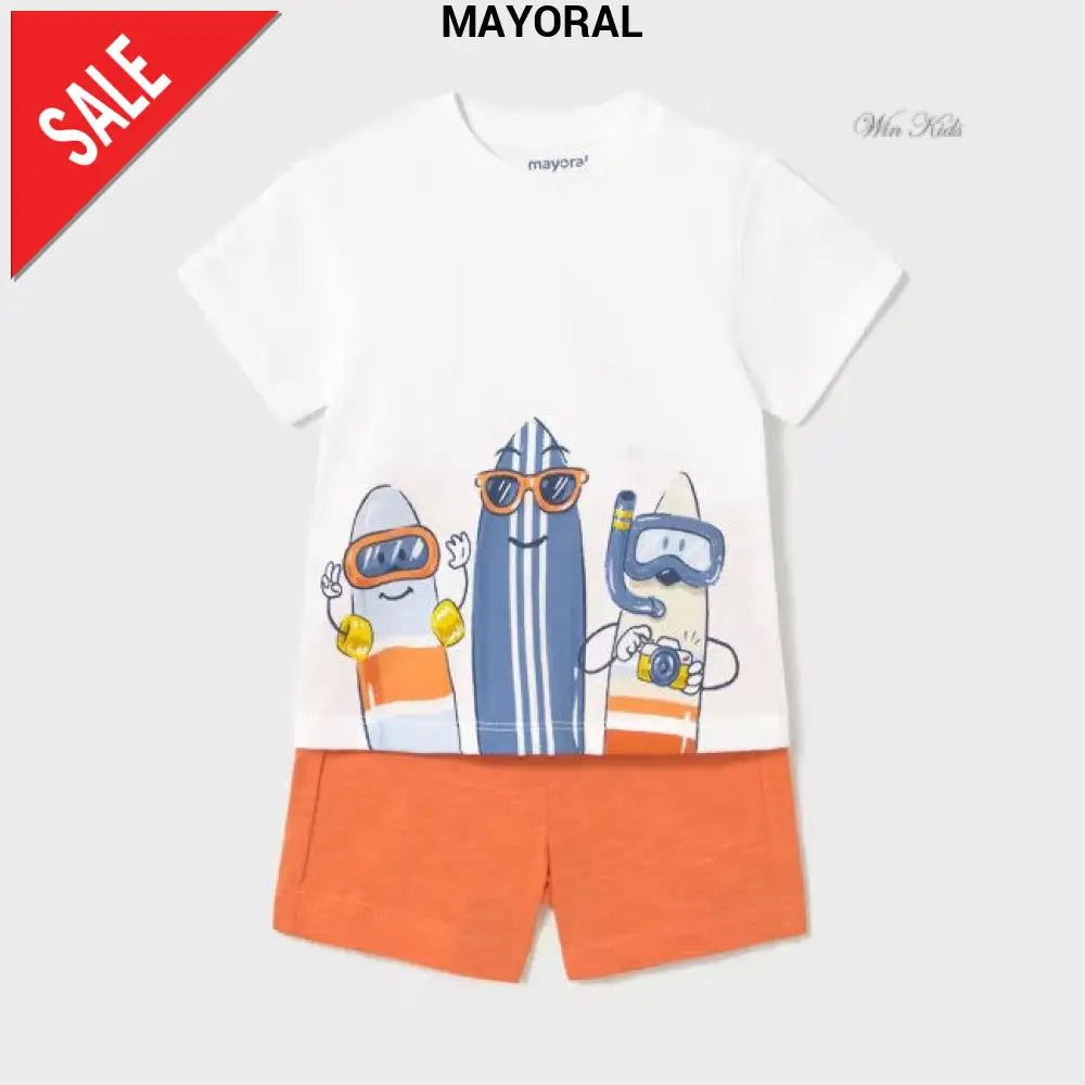 Completo MAYORAL da bambino pantaloncino arancio e maglietta con stampa surf da 6 mesi - 4anni Completi