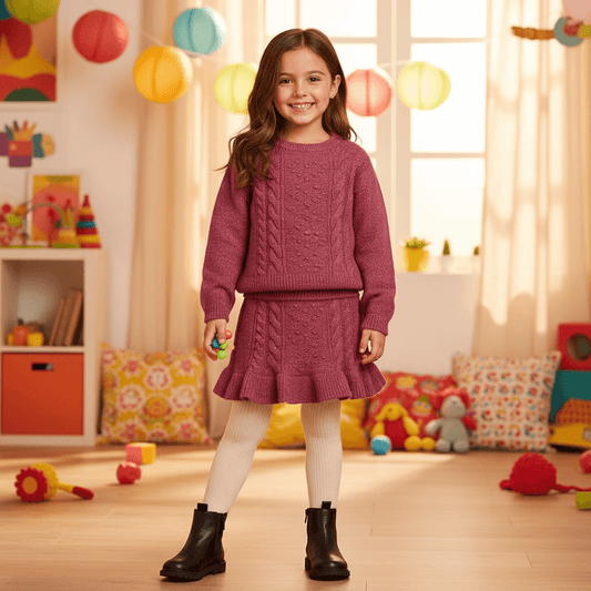 Completo MAYORAL maglioncino e gonna ciliegia sfondo allegro