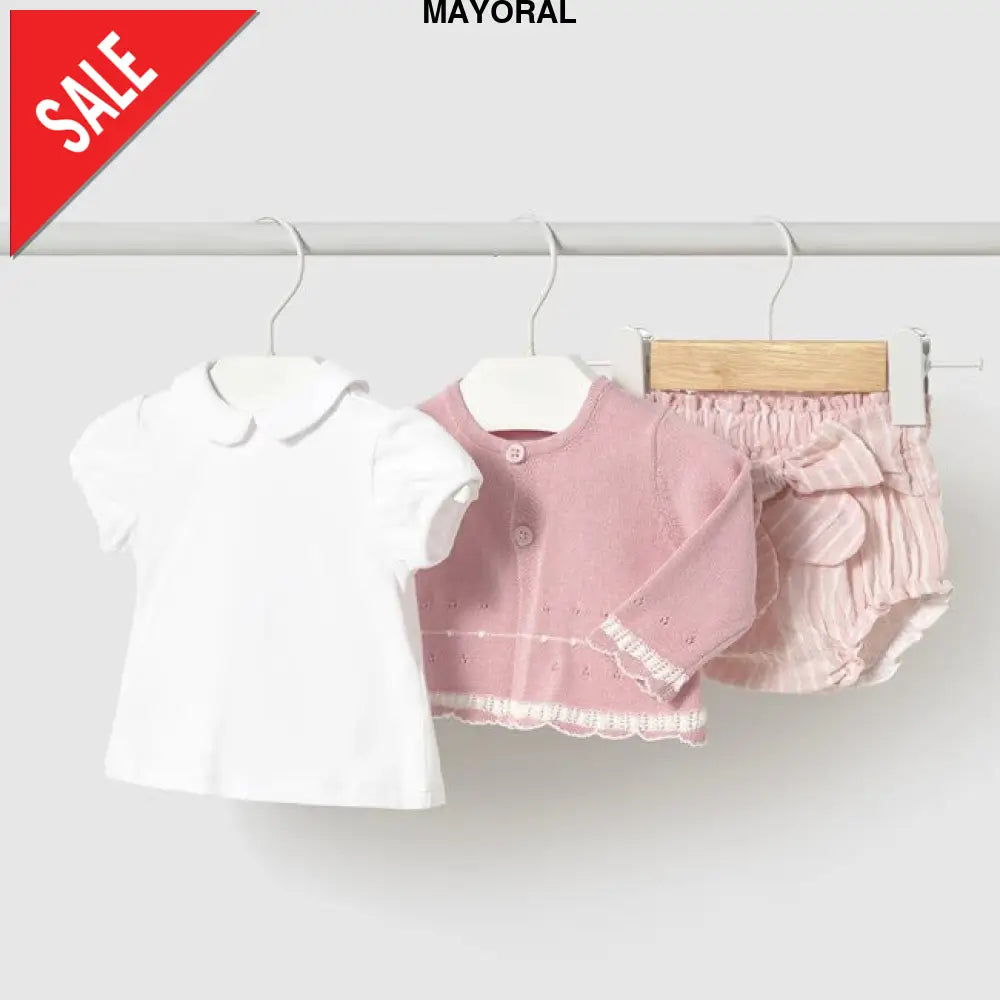 Completo MAYORAL neonata cardigan polo e pantaloncino rosa 1 mese - 18 mesi Completi