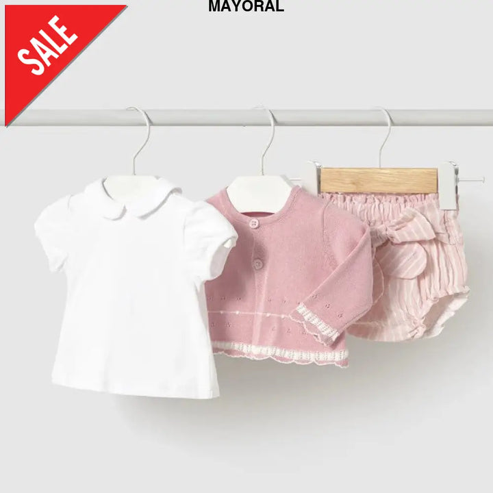 Completo MAYORAL neonata cardigan polo e pantaloncino rosa 1 mese - 18 mesi Completi
