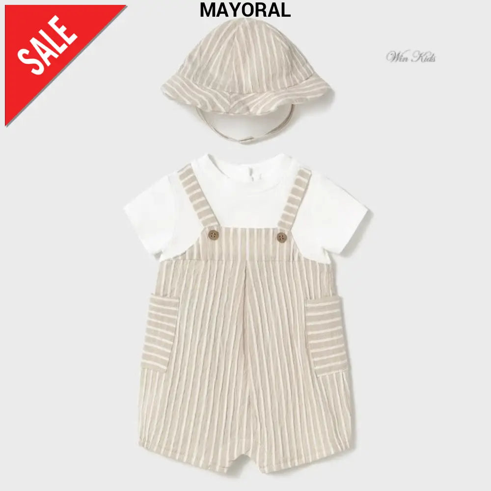 Completo MAYORAL neonato pagliaccetto e cappello a righe beige 1 mese - 18 mesi Completi