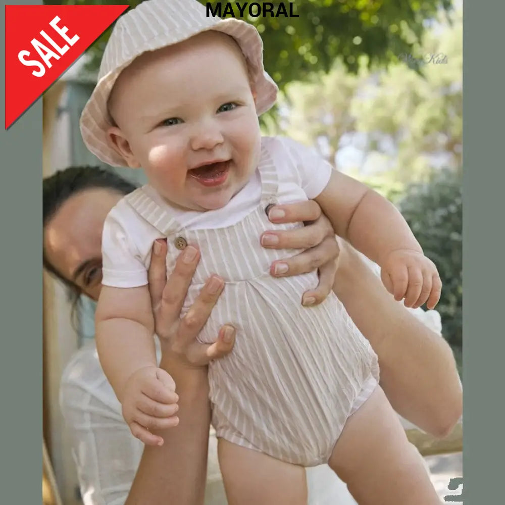 Completo MAYORAL neonato pagliaccetto e cappello a righe beige 1 mese - 18 mesi Completi