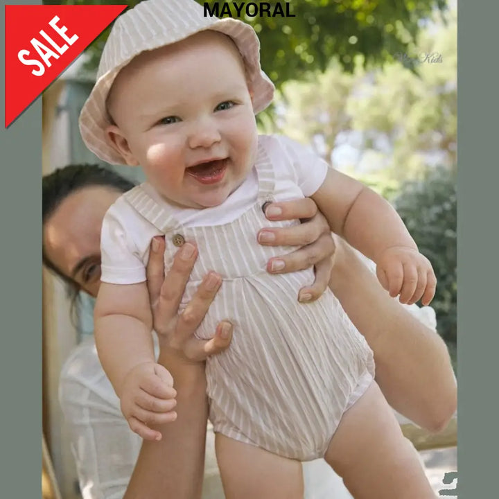 Completo MAYORAL neonato pagliaccetto e cappello a righe beige 1 mese - 18 mesi Completi