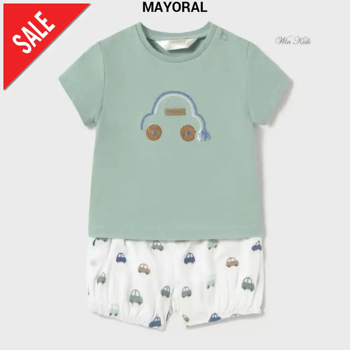 Completo MAYORAL t-shirt e pantaloncino bianco e verde con macchine 1 mese - 18 mesi Completi