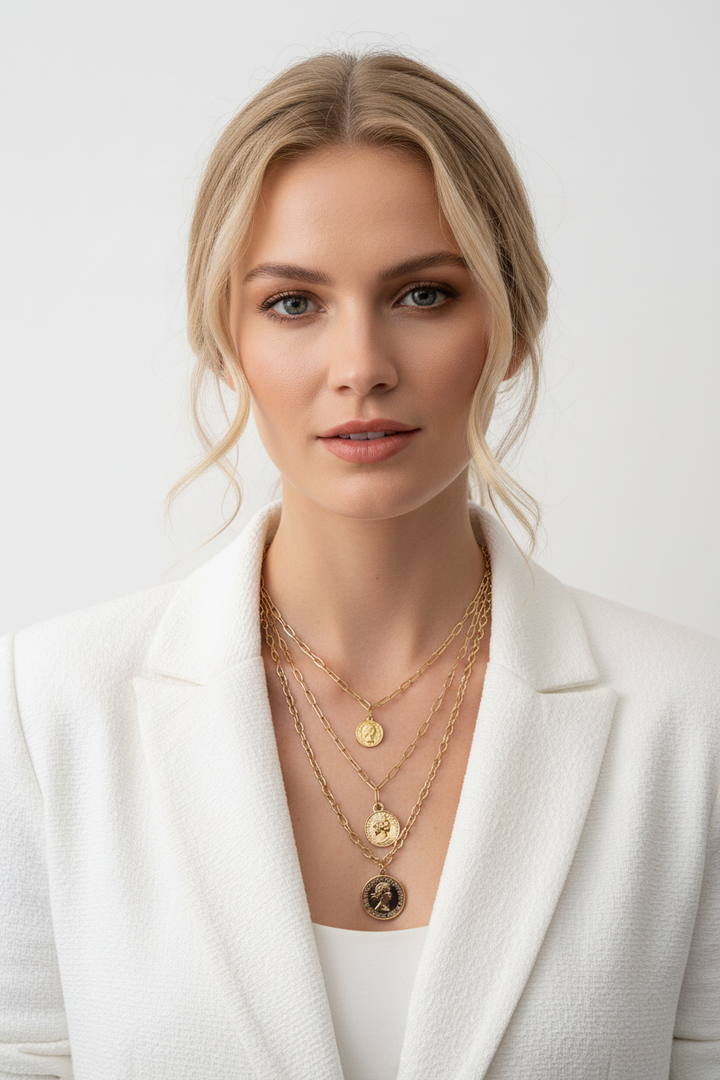 Donna bionda con collana e giacca bianca