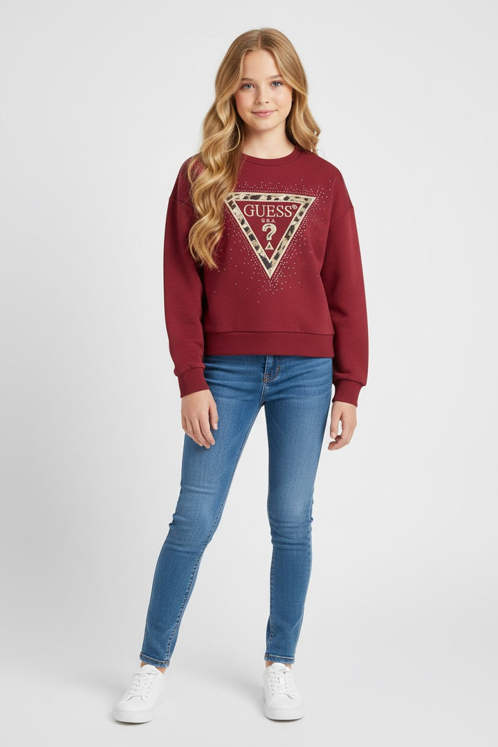 Burgundy GUESS girls' sweatshirt with logo and animalier border