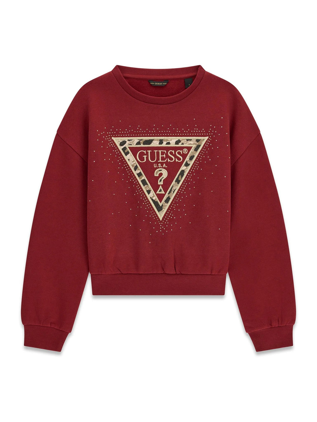 Burgundy GUESS girls' sweatshirt with logo and animalier border