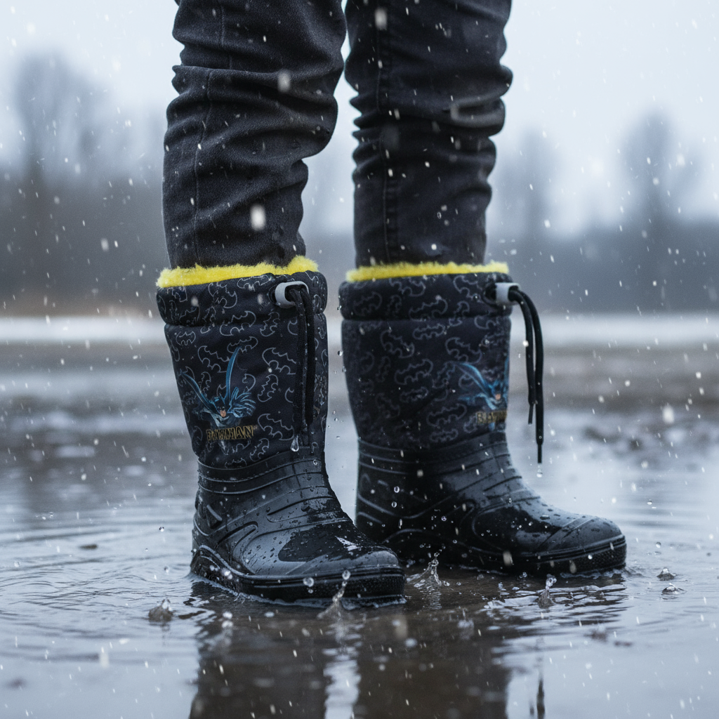 Galosce Batman con ecopelliccia indossate da bambino sotto pioggia e neve