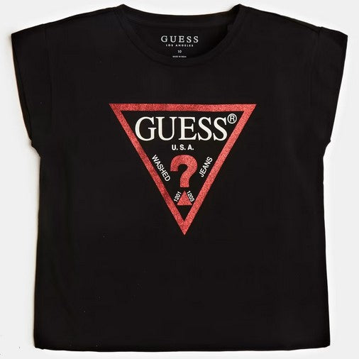 T-shirt GUESS cropped nera logo laminato 8 anni - 16 anni