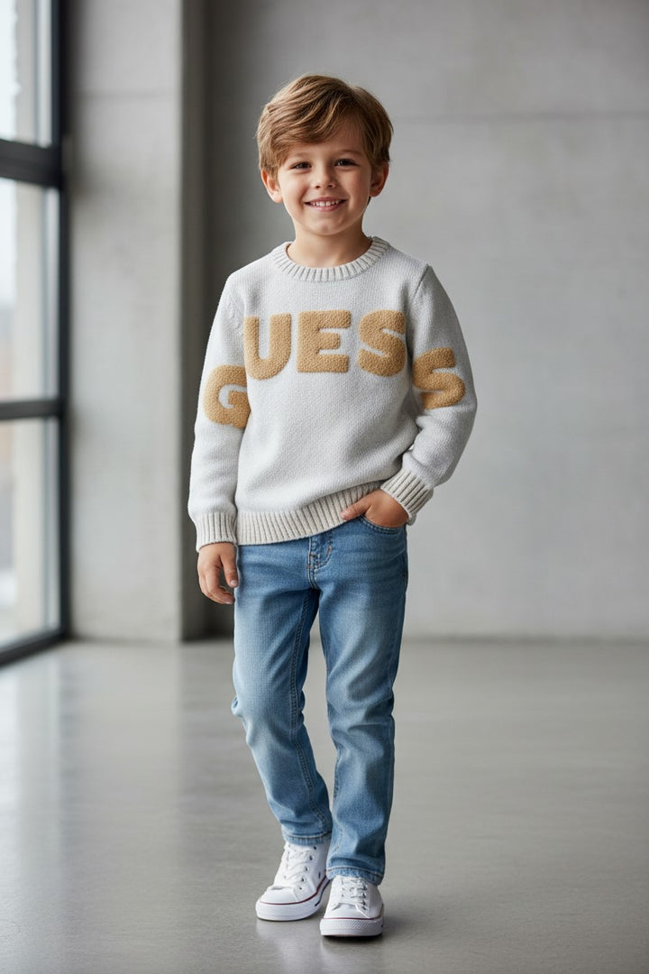 Cream and beige GUESS sweater with embossed logo from size 2 years to 7 years