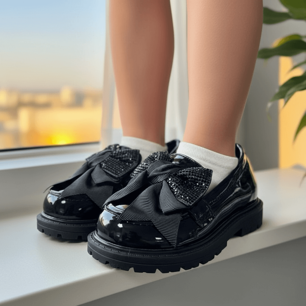 Mocassini neri bambina con fiocco