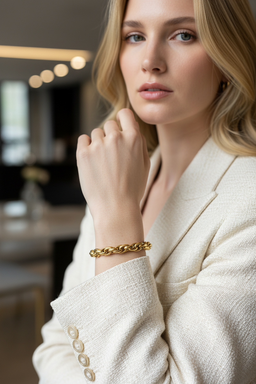 Blonde model with golden bracelet and cream jacket