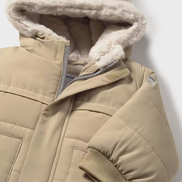 Giubbotto MAYORAL beige con ecopelliccia e orecchie al cappuccio 6 mesi - 18 mesi
