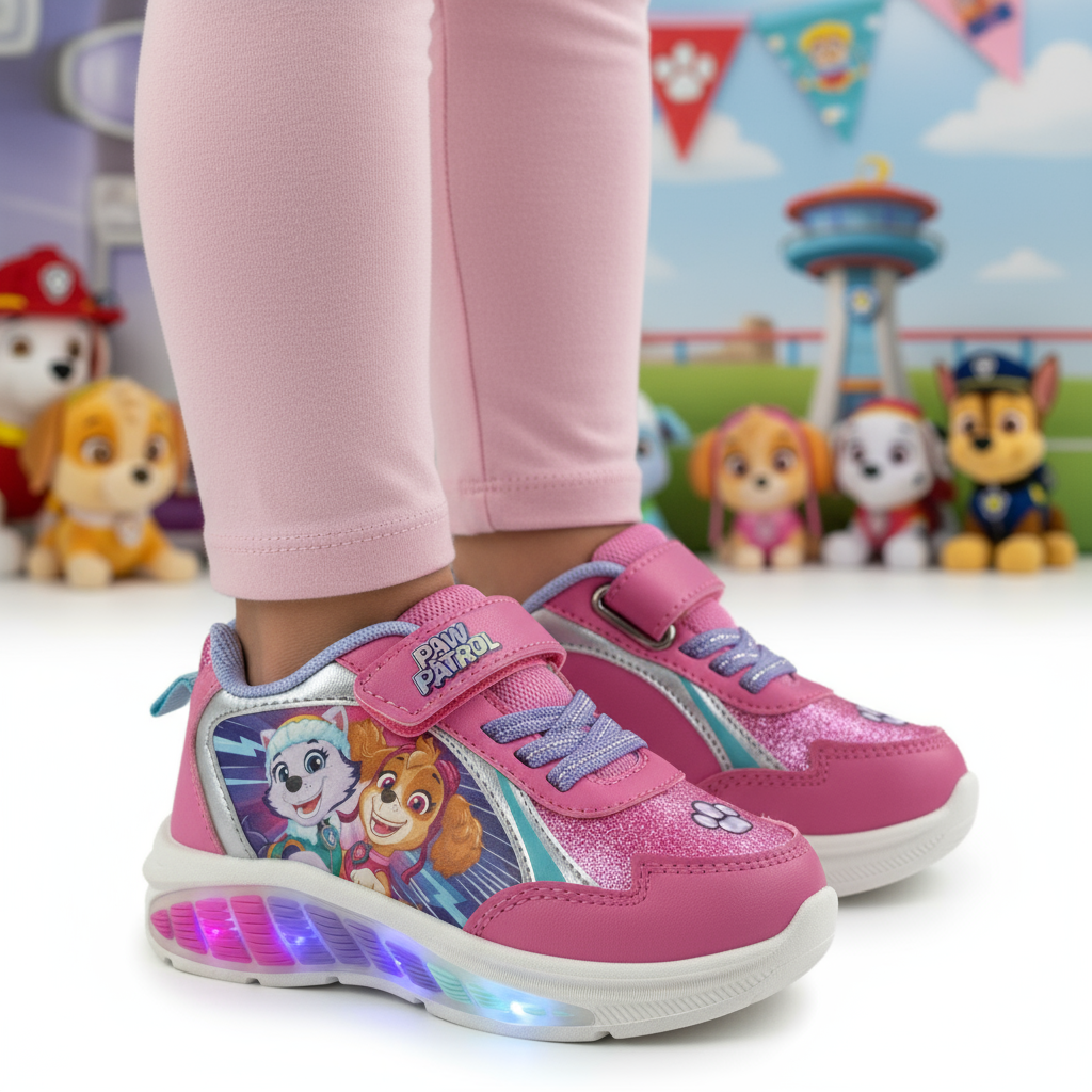 Pantofole Paw Patrol indossate da bambina con leggings e sfondo Paw Patrol