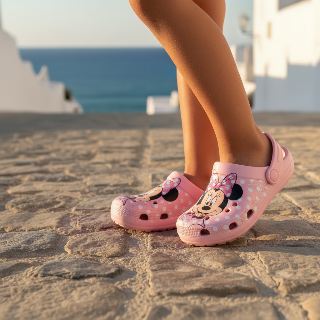 Sandali Minnie rosa pastello su strada con mare