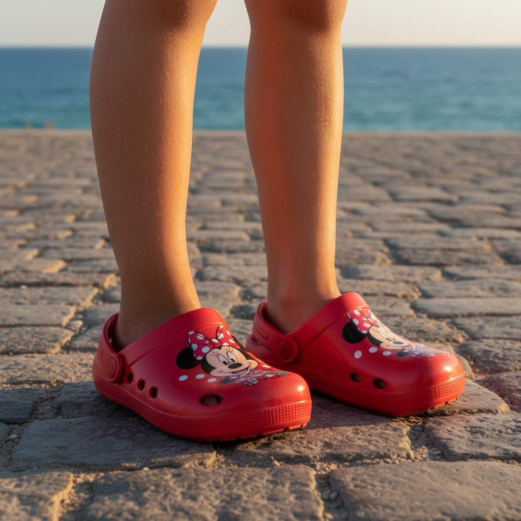 Sandali Minnie rosso su strada con mare