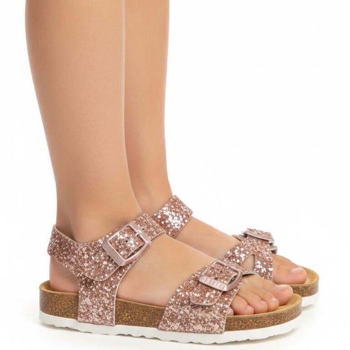 Sandali PLAKTON Glitter Bambina Rosa Nude con Fibbia Pelle dal 24 al 35
