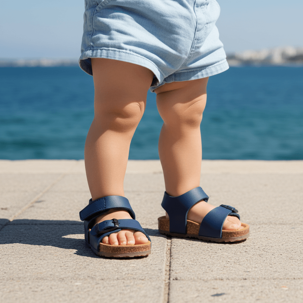Sandali PLAKTON piedi bambini sul marciapiede con mare