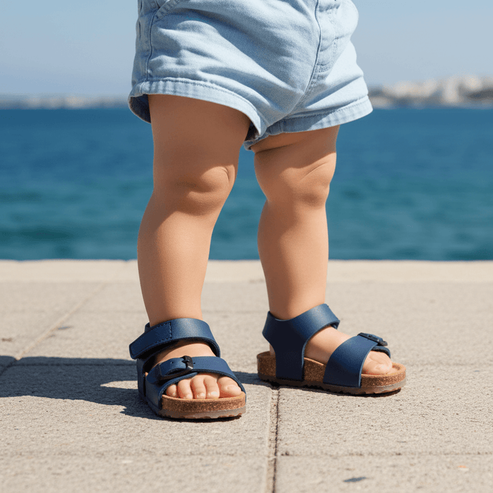 Sandali PLAKTON piedi bambini sul marciapiede con mare
