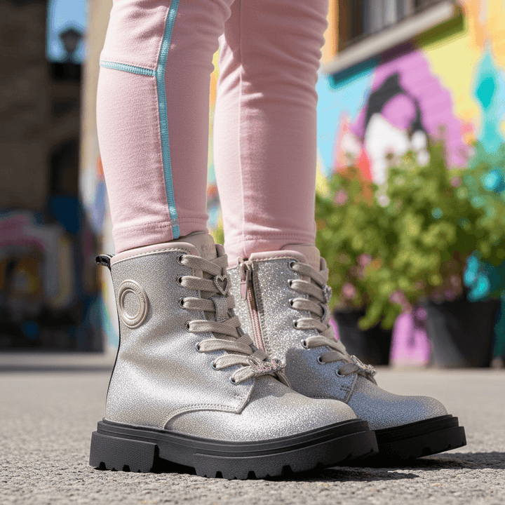 Scarpe Anfibio PRIMIGI glitter platino con charms