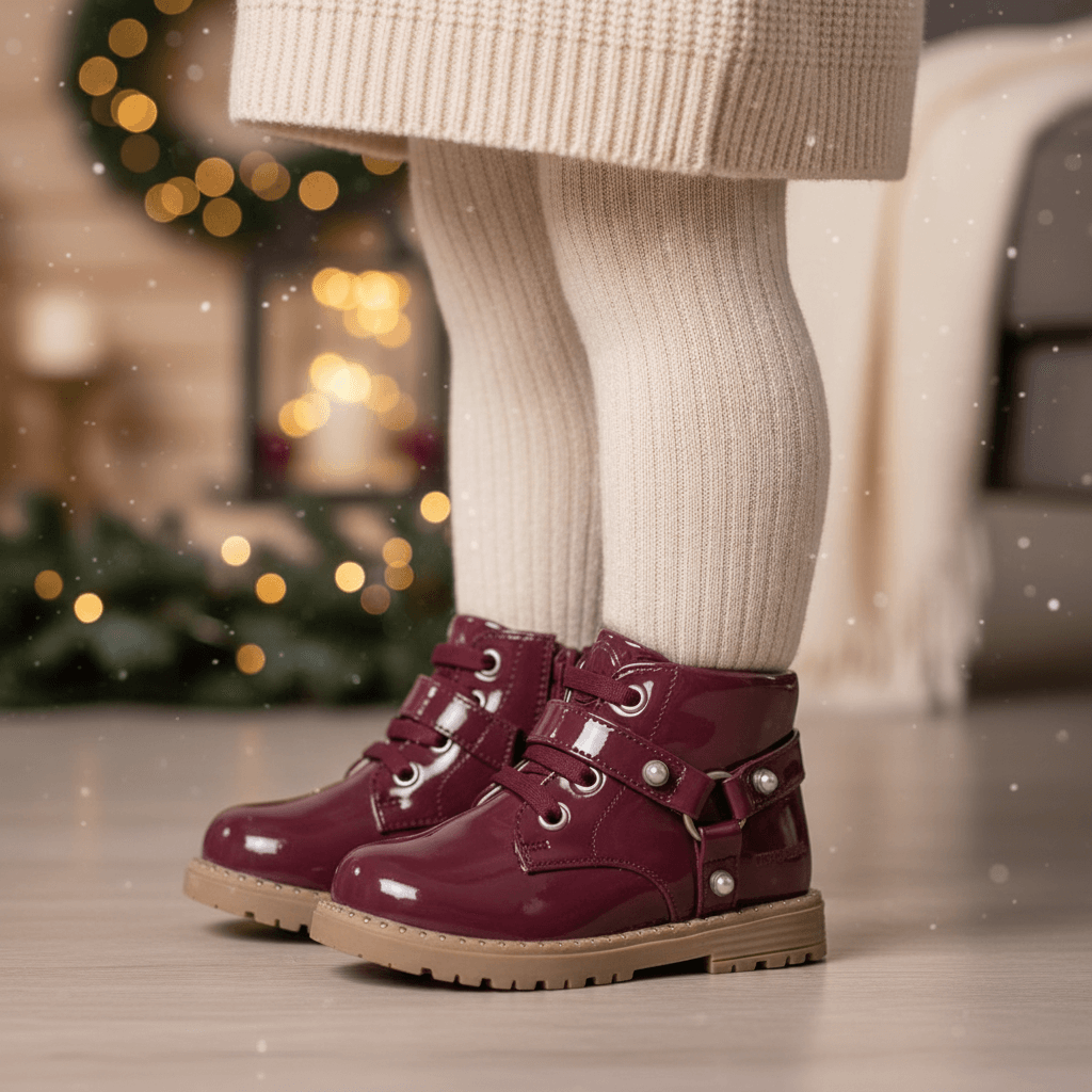 Scarpe MAYORAL bordeaux indossate da bambina in contesto invernale