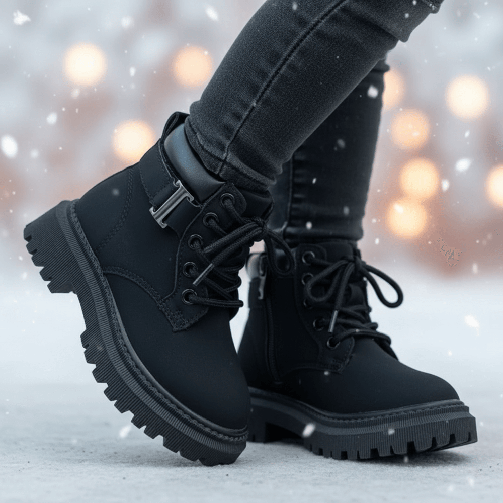 Children's shoes with winter background