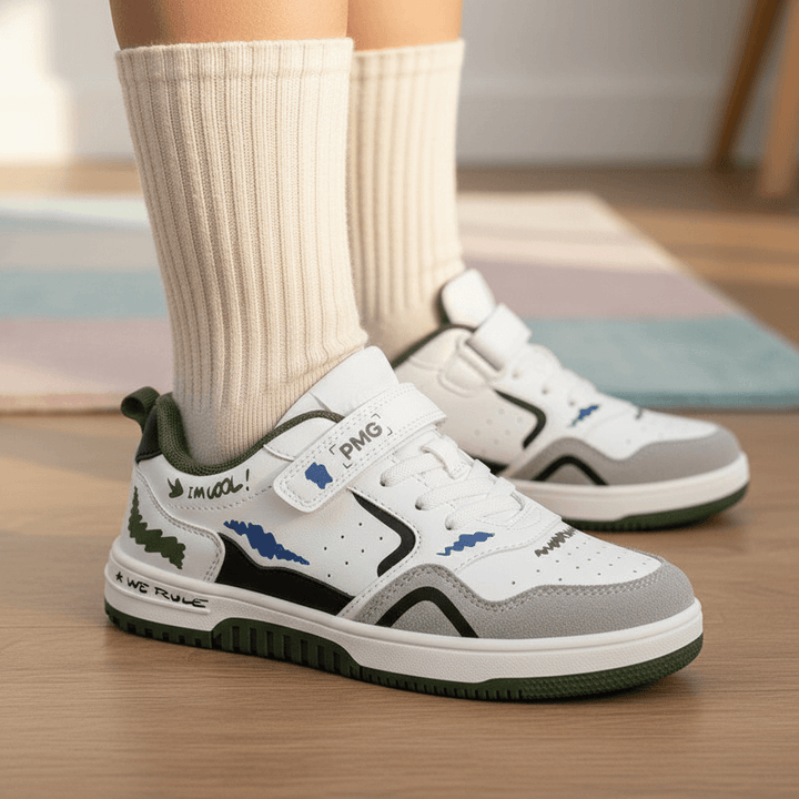 Scarpe PRIMIGI graffiti con velcro e lacci elastici indossate