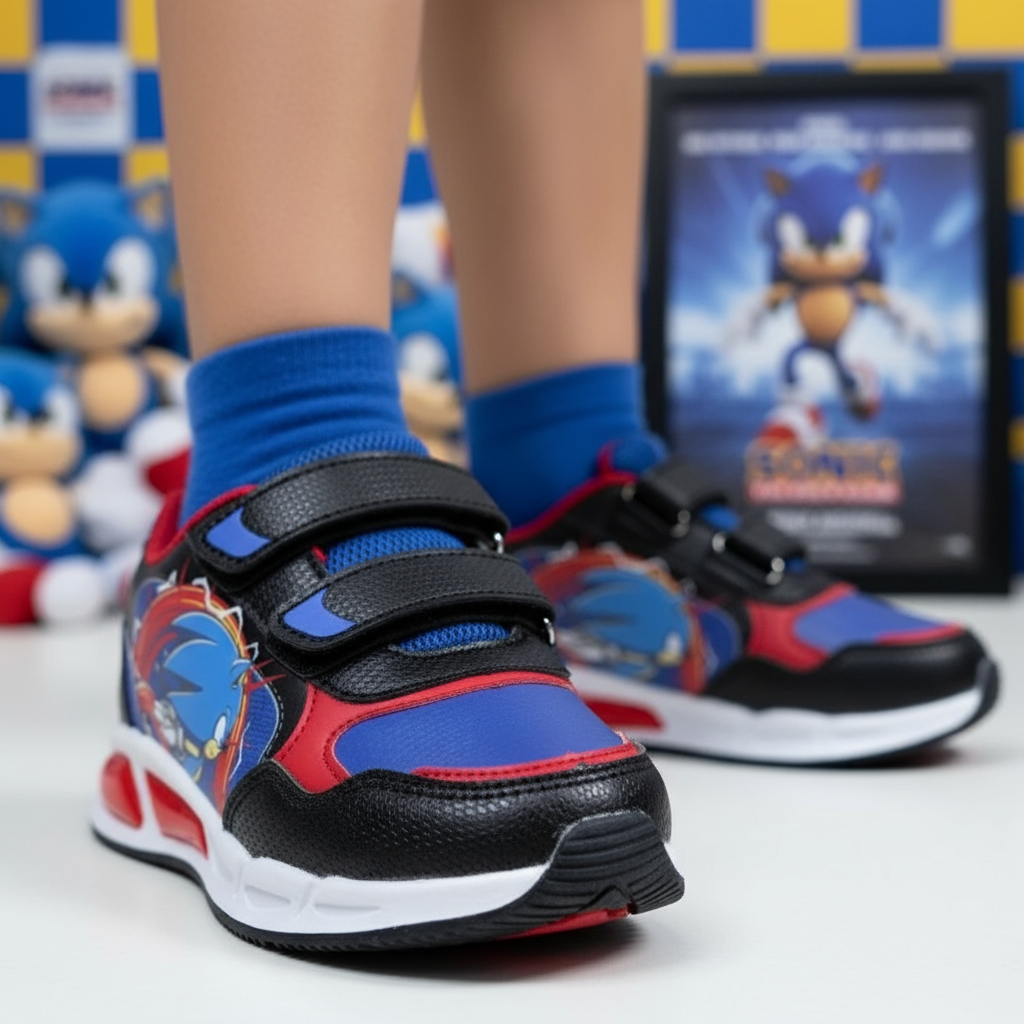 Zapatos Sonic usados ​​por un niño con fondo Sonic.