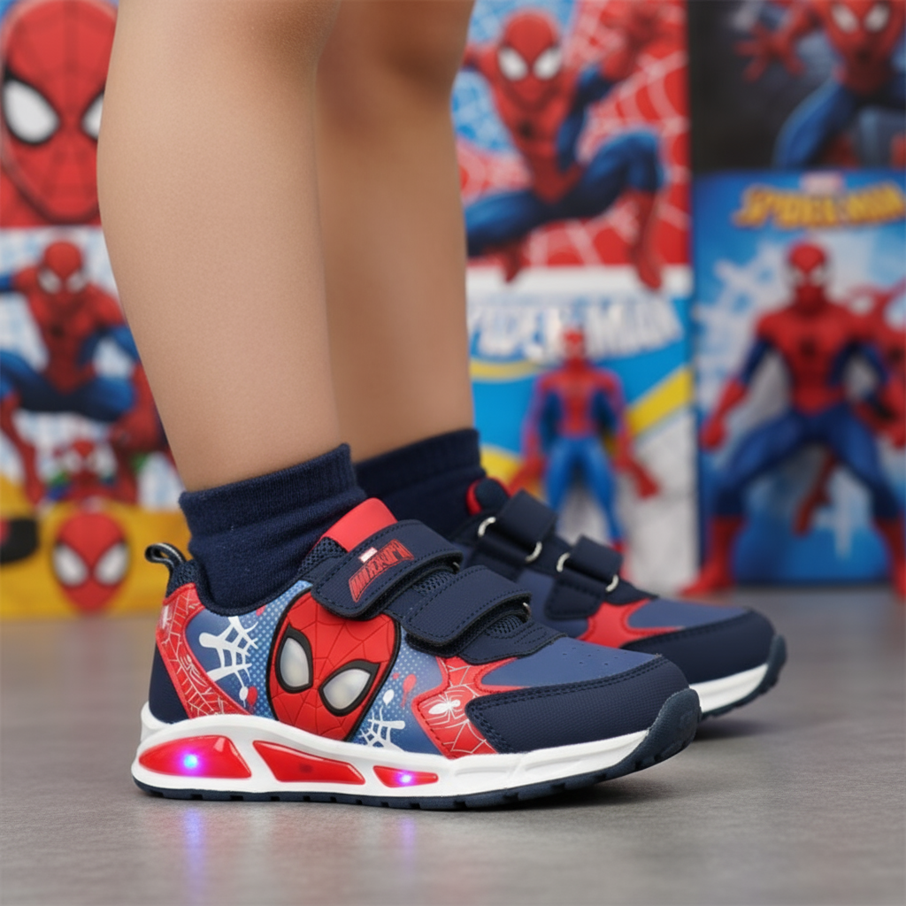 Zapatos de Spider-Man usados ​​por un niño con fondo de Spider-Man