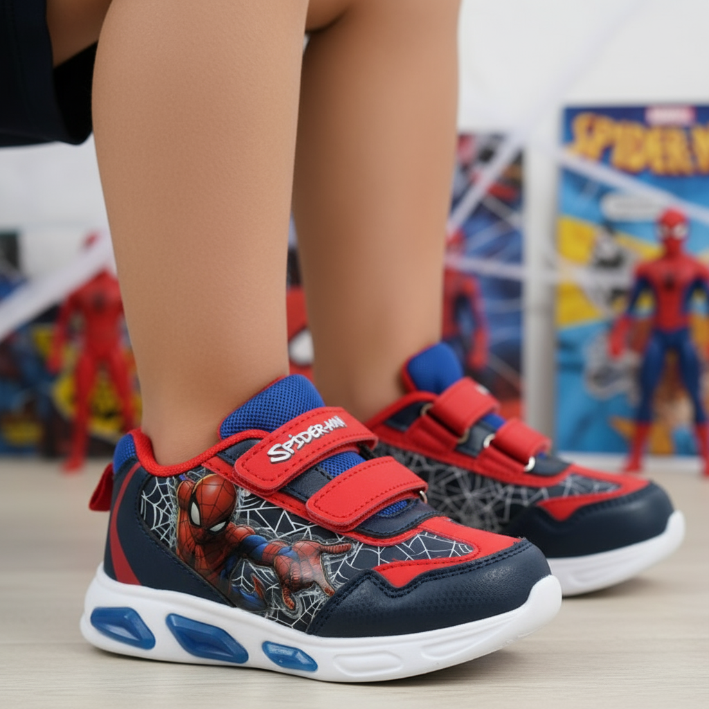 Scarpe Spider-Man indossate da bambino con sfondo Spider-Man