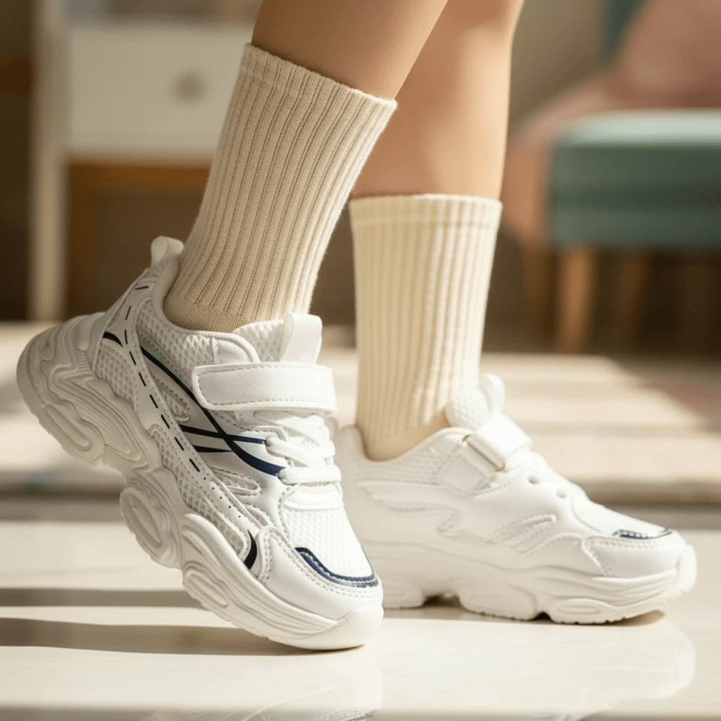 Scarpe sportive bianche Sofia con velcro indossate