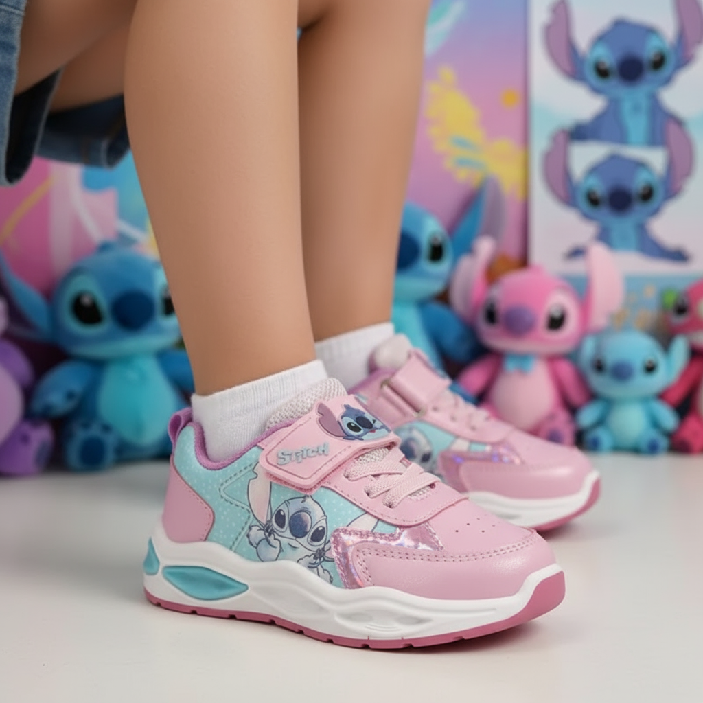 Scarpe Stitch rosa indossate da bambina con sfondo Stitch