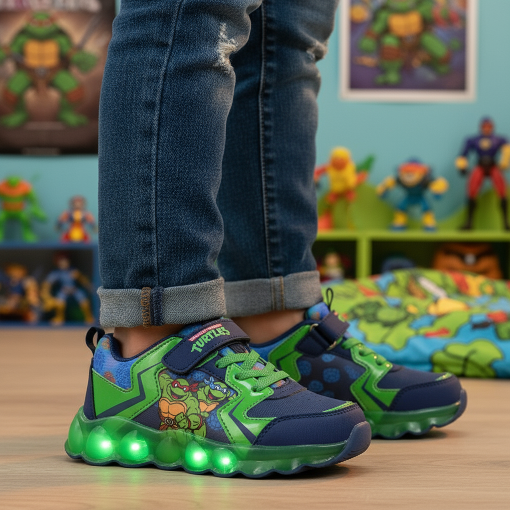 Scarpe Tartarughe Ninja con luci indossate da bambino in cameretta