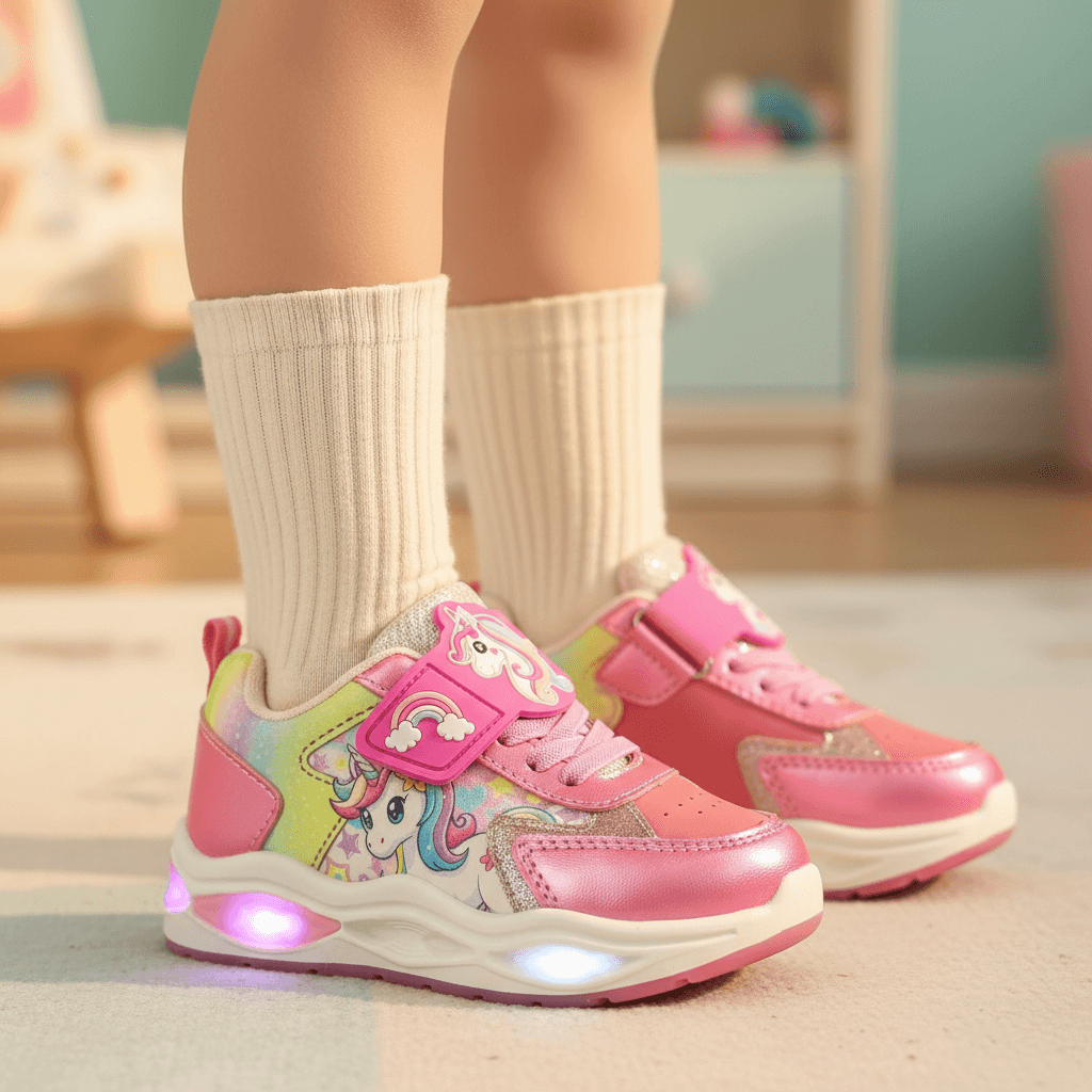 Scarpe unicorno con luci indossate