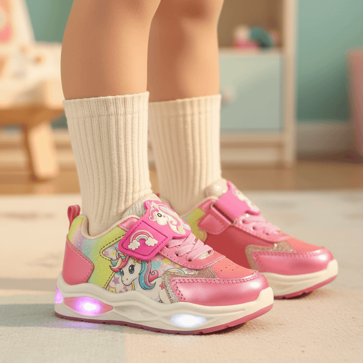 Scarpe unicorno con luci indossate