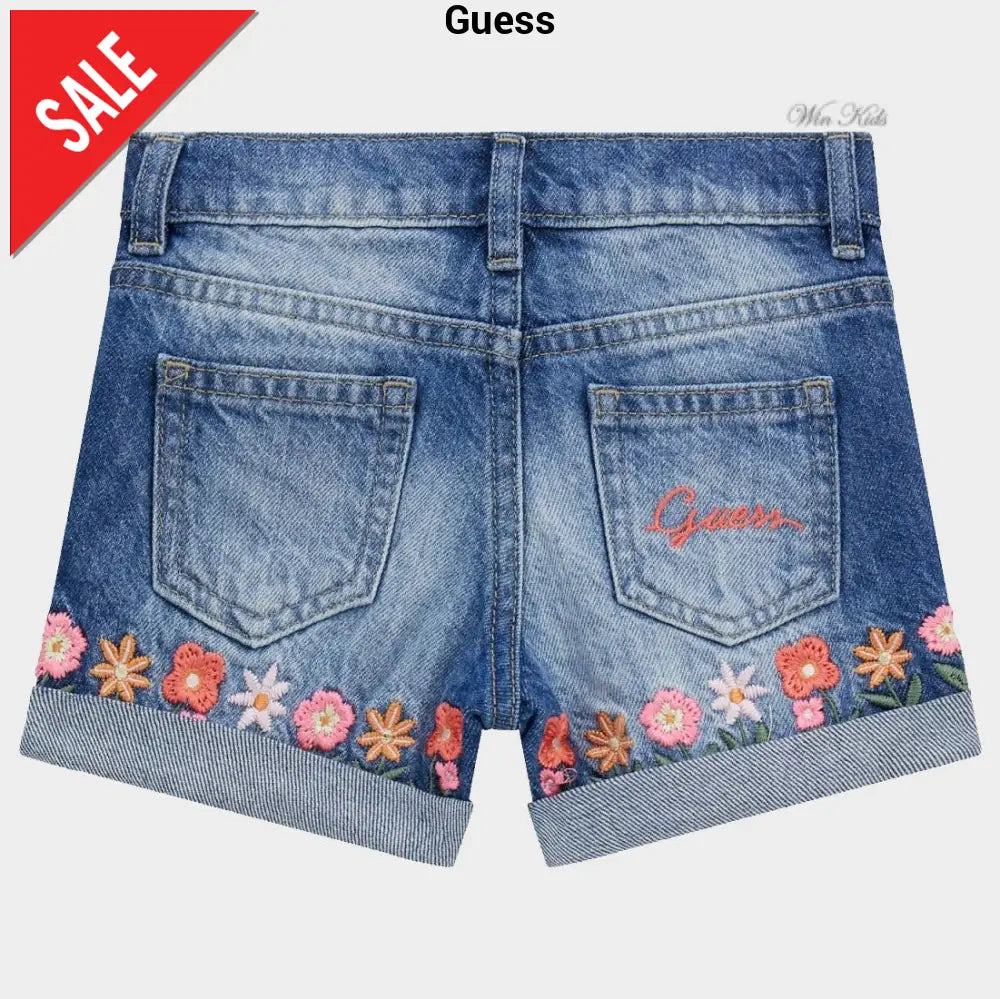 Shorts GUESS in jeans con fiori ricamati dalla 3-6 mesi alla 7 anni Bermuda
