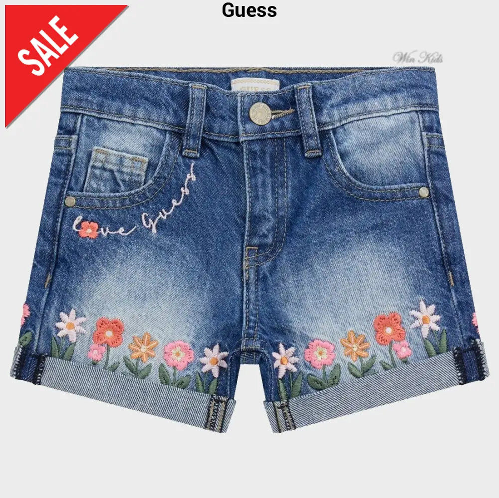 Shorts GUESS in jeans con fiori ricamati dalla 3-6 mesi alla 7 anni Bermuda