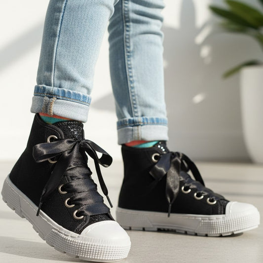 Scarpe SPINDOCTOR velluto nero e glitter con lacci in raso MADE IN ITALY 24 - 35