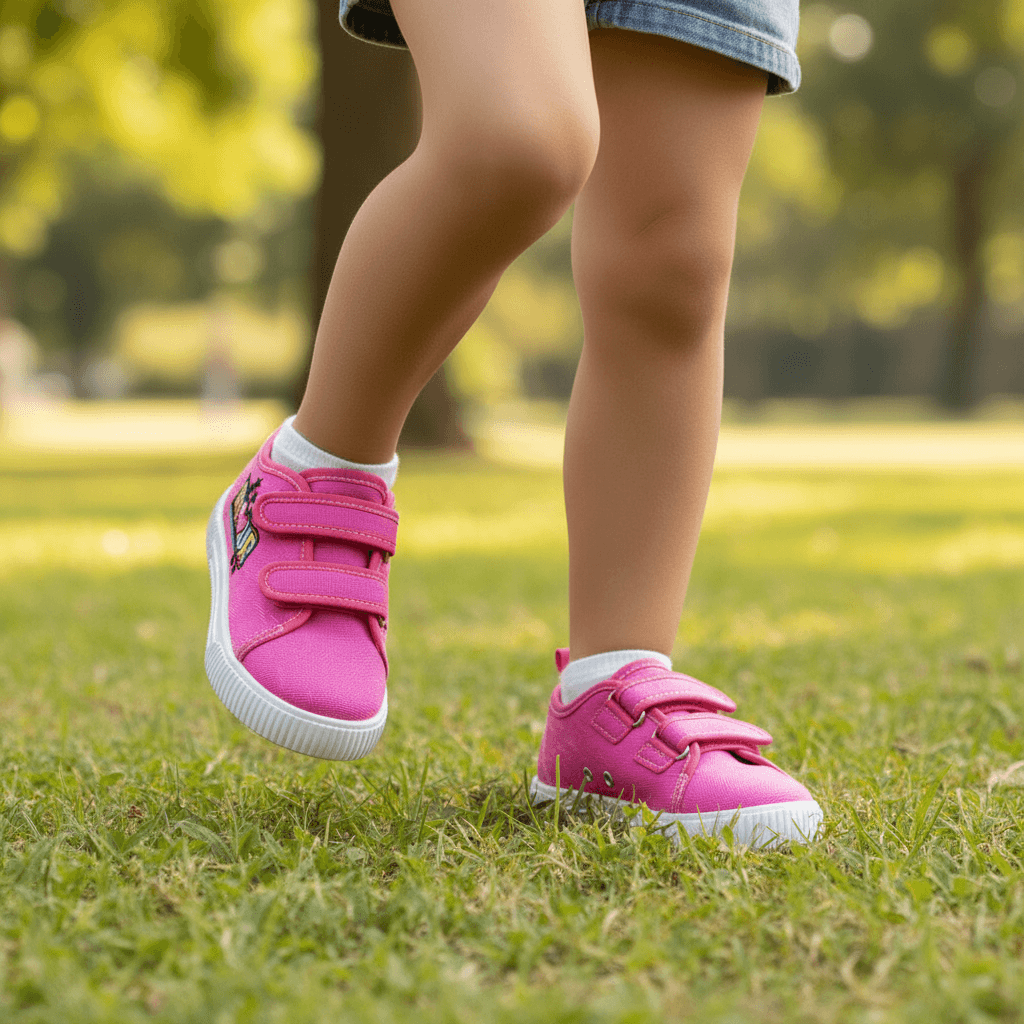 Superga Fuxia – bambina al parco, prodotto in primissimo piano