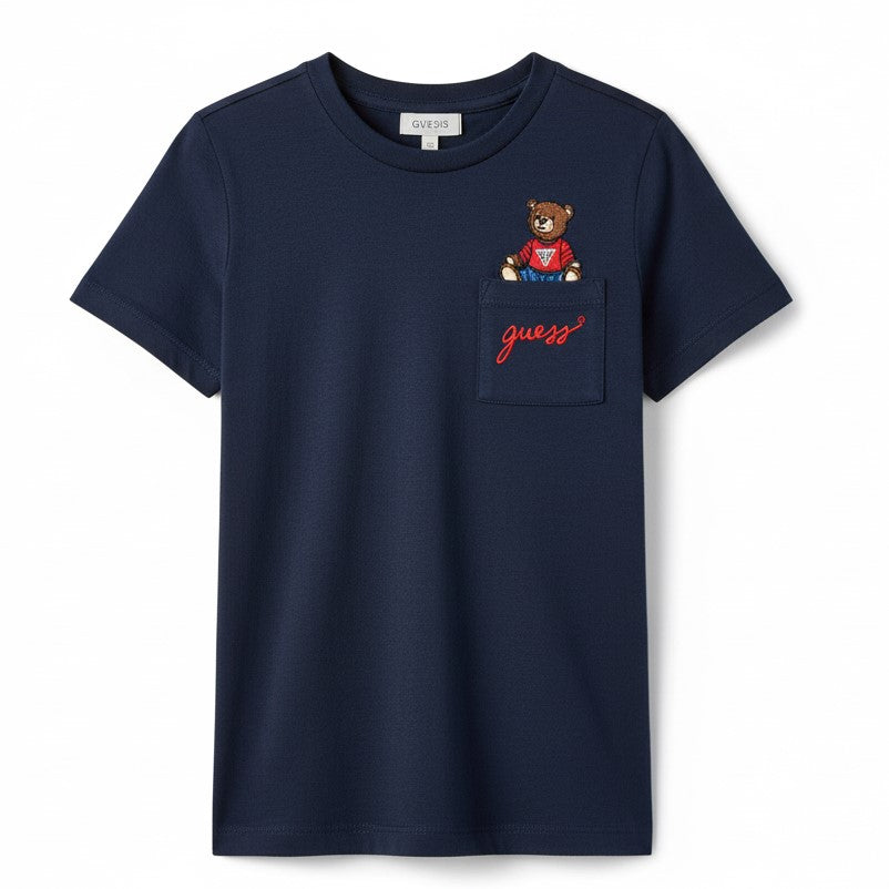 T-shirt GUESS blu con orsetto nel taschino 3/6 mesi - 7 anni